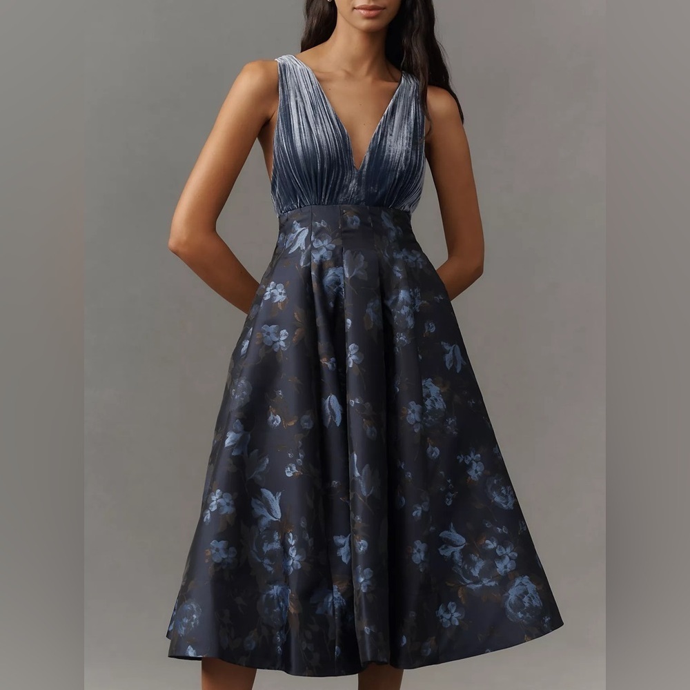 Anthropologie Maeve V-Neck Velvet Jacquard A-Line Midi Dress 2P NWT